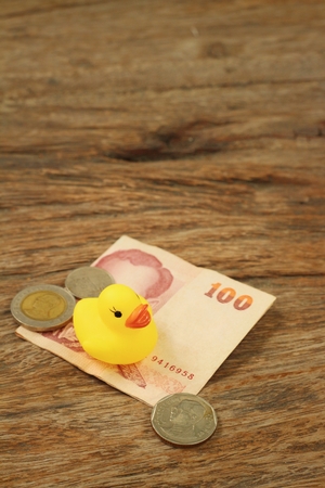Yellow rubber duck with Thai Bath money.の写真素材