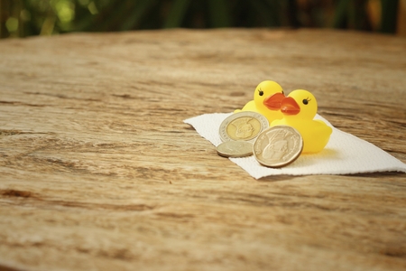 Yellow rubber duck with money of Thai Bath.の写真素材