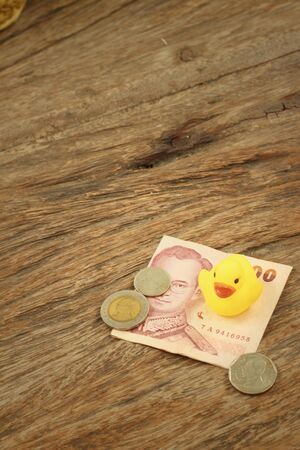 Yellow rubber duck with Thai Bath money.の写真素材