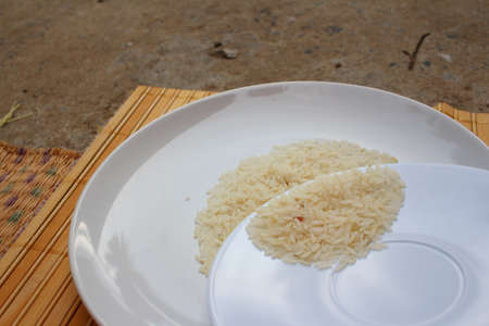 White grain rice on a white plate.の写真素材