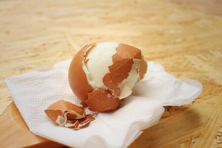 Boil eggs on background of brown wooden.