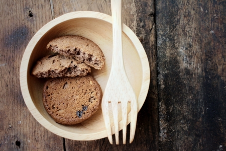 Chocolate chip cookies on background of brown.の写真素材