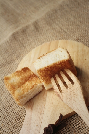 Breads on background of brown at market.の写真素材