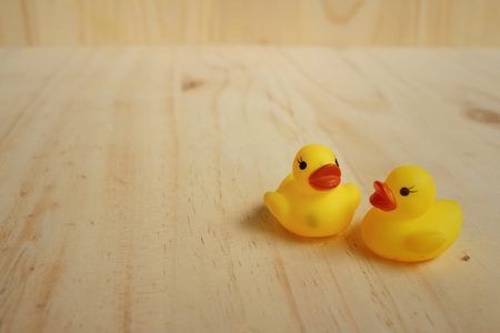 Yellow rubber duck on background of brown.の写真素材