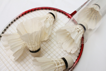 Shuttlecock and badminton racket on white background.の写真素材