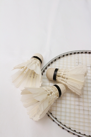 Shuttlecock and badminton racket on white background.の写真素材