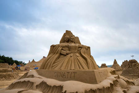 Sand carving of Zhoushan Zhujiajian international sand sculpture art squareのeditorial素材