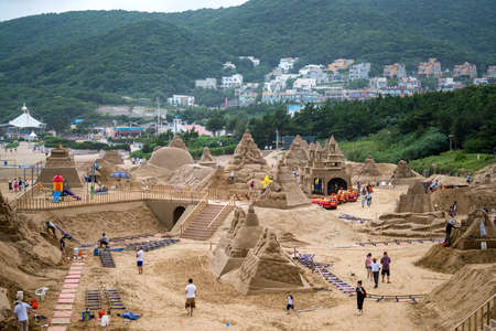 Sand carving of Zhoushan Zhujiajian international sand sculpture art squareのeditorial素材