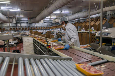 workers working in a chicken meat plant.のeditorial素材