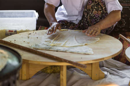 Turkish pancake.Gozleme  is a traditional savory Turkish flatbread and pastry dish, made of hand-rolled leaves of yufkaの写真素材