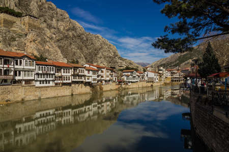 River scene of the old traditional Ottoman houses in Amasya, Turkeyのeditorial素材