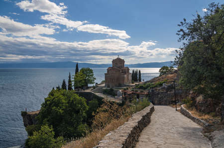 Ohrid, Macedonia - 03 July 2017: Orthodox Church of St. John at Kaneo on a cliff overlooking Ohrid Lakeのeditorial素材