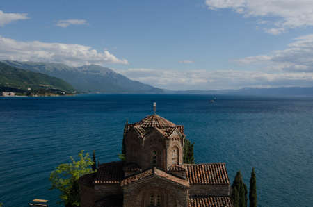 Ohrid, Macedonia - 03 July 2017: Orthodox Church of St. John at Kaneo on a cliff overlooking Ohrid Lakeのeditorial素材