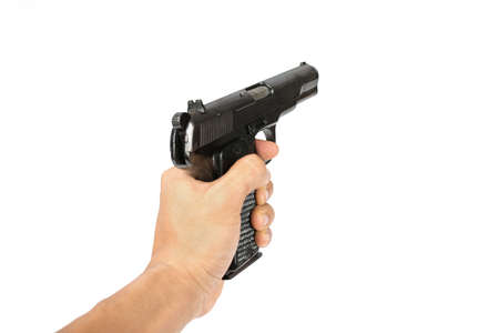 Men\'s hand with a Semi-automatic 9mm gun isolated on white background 