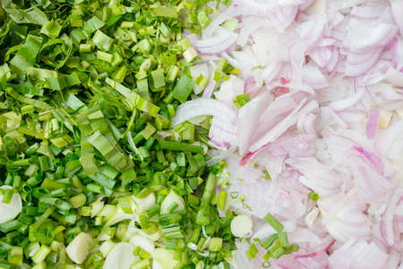 Sliced red onion with chopped green onionsの写真素材