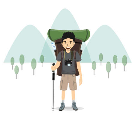 Man with a backpack and mountain, vector illustration.のイラスト素材