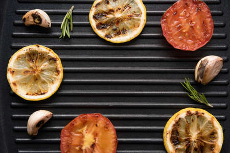 Vegetables on grill in a pan. Top view.の写真素材