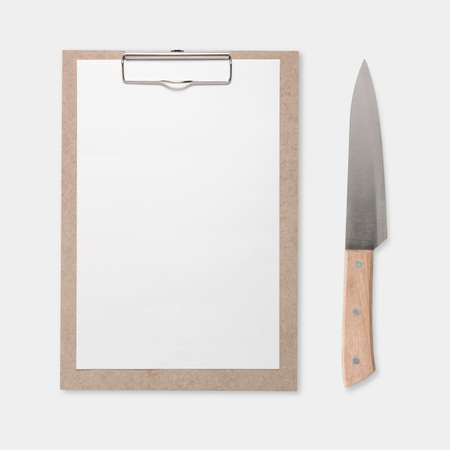 Design concept of mockup clip board and knife set isolated on white background.の写真素材