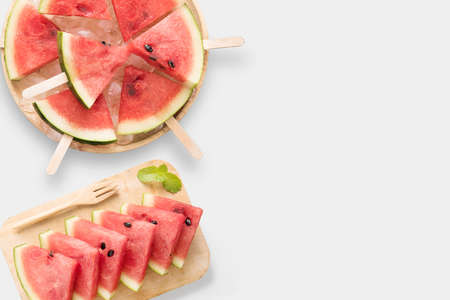 Design of mockup healthy watermelon and watermelon ice cream set isolated on white background. ...