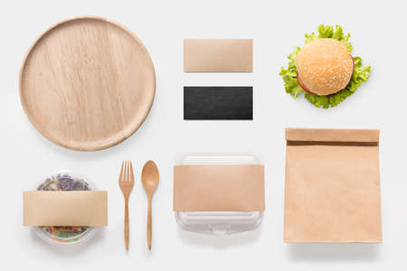 Design concept of mockup burger and salad set isolated on white background. Copy space for text and logo. Clipping Path included isolated on white background.の写真素材