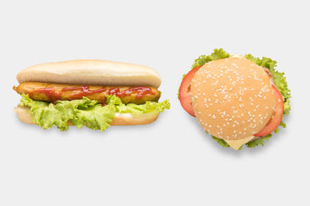 Mockup hot dogs and hamburgers set isolated on white background.の写真素材