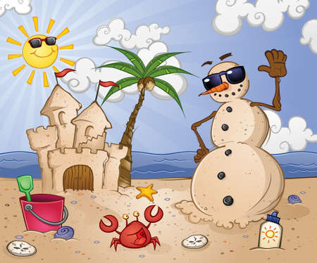Sand Snowman Cartoon Character on a Tropical Beachのイラスト素材