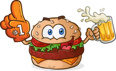 Hamburger Cheeseburger Sports Fan Cartoon Character Drinking Beer with a Foam Fingerのイラスト素材