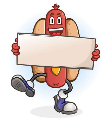 Hot Dog Cartoon Character Holding a Signのイラスト素材
