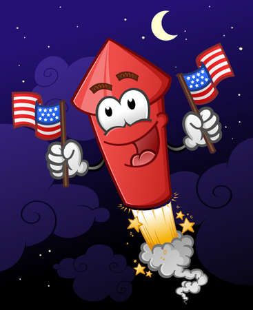 Firework holding american flags. Cartoon character vector illustration.のイラスト素材