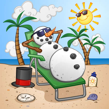 Snowman Cartoon Character on Vacation in the Tropics and Relaxing on a Beach Chairのイラスト素材