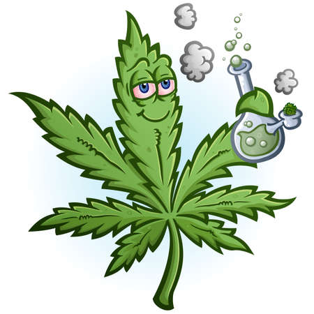 A cheerful pot cartoon character getting high and smoking a glass water bong with a packed bowlのイラスト素材
