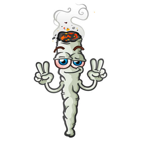 A happy, stoned marijuana joint cartoon character flashing a peace sign hand gestureのイラスト素材