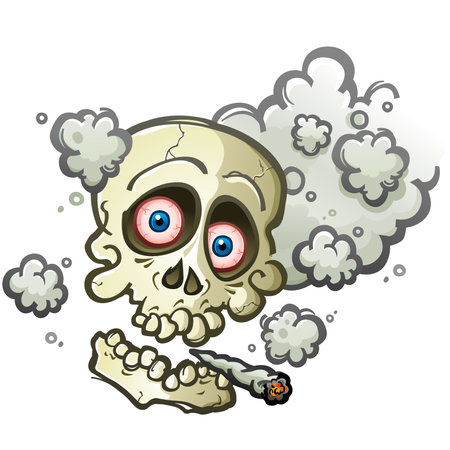 Skull cartoon character smoking a marijuana joint with a surrounding haze of billowing smoke vector illustrationのイラスト素材