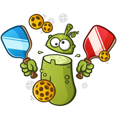 Crazy energetic pickleball pickle cartoon mascot playing pickleball with wild insanity and a floppy flipped lidのイラスト素材
