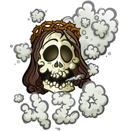 Marijuana Jesus skull cartoon character smoking a fat joint with a surrounding haze of billowing smoke shaped like four twenty 420 vector illustrationのイラスト素材