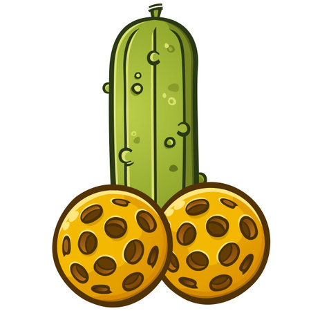 A large phallus made of a pickle shaft and two pickleballs shaped like a manly penis and testicles cartoon vector illustrationのイラスト素材