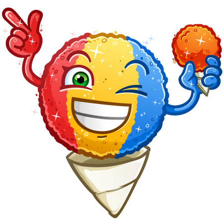 snow cone cartoon character a refreshing rainbow sweet frozen treat pointing and winking on a hot summer dayのイラスト素材
