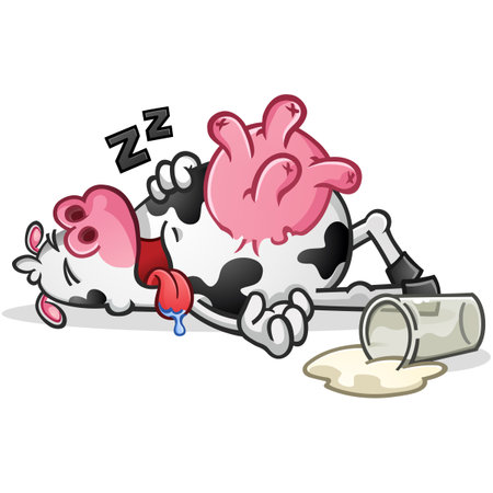 A passed out sleeping dairy cow cartoon who drank way too much fresh squeezed milk from its round pink udders and got really drowsyのイラスト素材