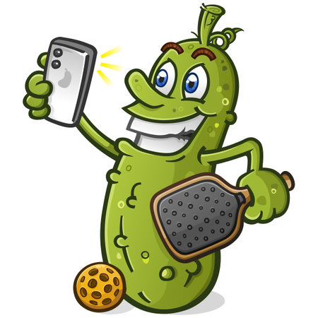 Smiling pickle cartoon character taking a selfie photo with a smart phone and holding a pickleball paddle and gearのイラスト素材