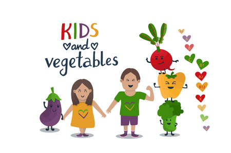 Little kids and veggies characters. Cute friendship illustration with boy, girl and vegetables - bell pepper, eggplant, broccoli, beetroot. Children like veggies. Colorful hearts with vitamins names.のイラスト素材