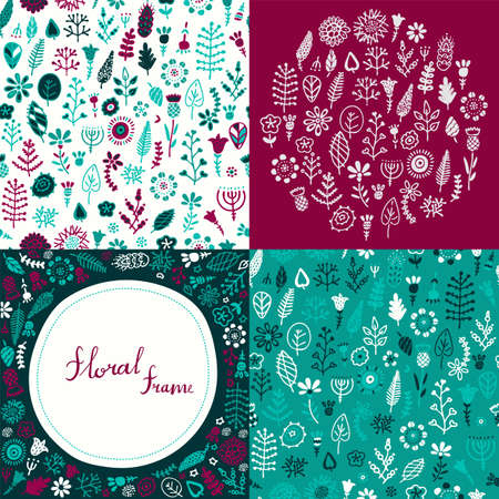 Seamless patterns set and frame template in scandinavian styleのイラスト素材