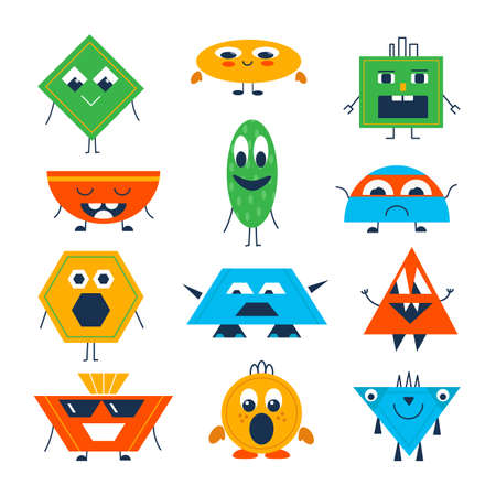 Funny colorful characters different forms - round, square, rhombus, polygon, triangular, ellipse. Cute emotional forms isolated on white in kids style. Educational game for childrens. Creative idea.のイラスト素材