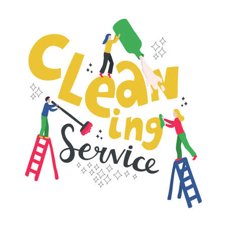 Cleaning service creative lettering. Hand drawn people do creaning, washing. Young man on ladder...