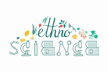 Creative lettering about ethnoscience. Line art word SCIENCE and handwritten - ethno. Herbal and natural decorative elements -rowan, garlic, honey, linden, rosehip. Bio organic medicine concept.のイラスト素材