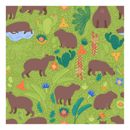 seamleaa pattern on green with capybarasのイラスト素材