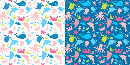 Kids style patterns with sea animalsのイラスト素材