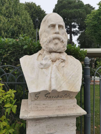 Marble bust of Giuseppe Garibaldi, Italian patriot. The bust is publicly displayed in the gardens of the Pincio in Rome. Below there is the engraved name.のeditorial素材