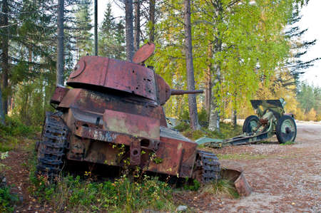 Wreckage of a tank from the Winter War near Suomussalmi, Finland.の写真素材
