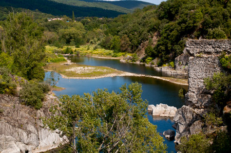 View on the river Eyrieux, France.の写真素材