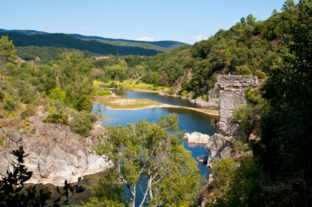 View on the river Eyrieux, France.の写真素材